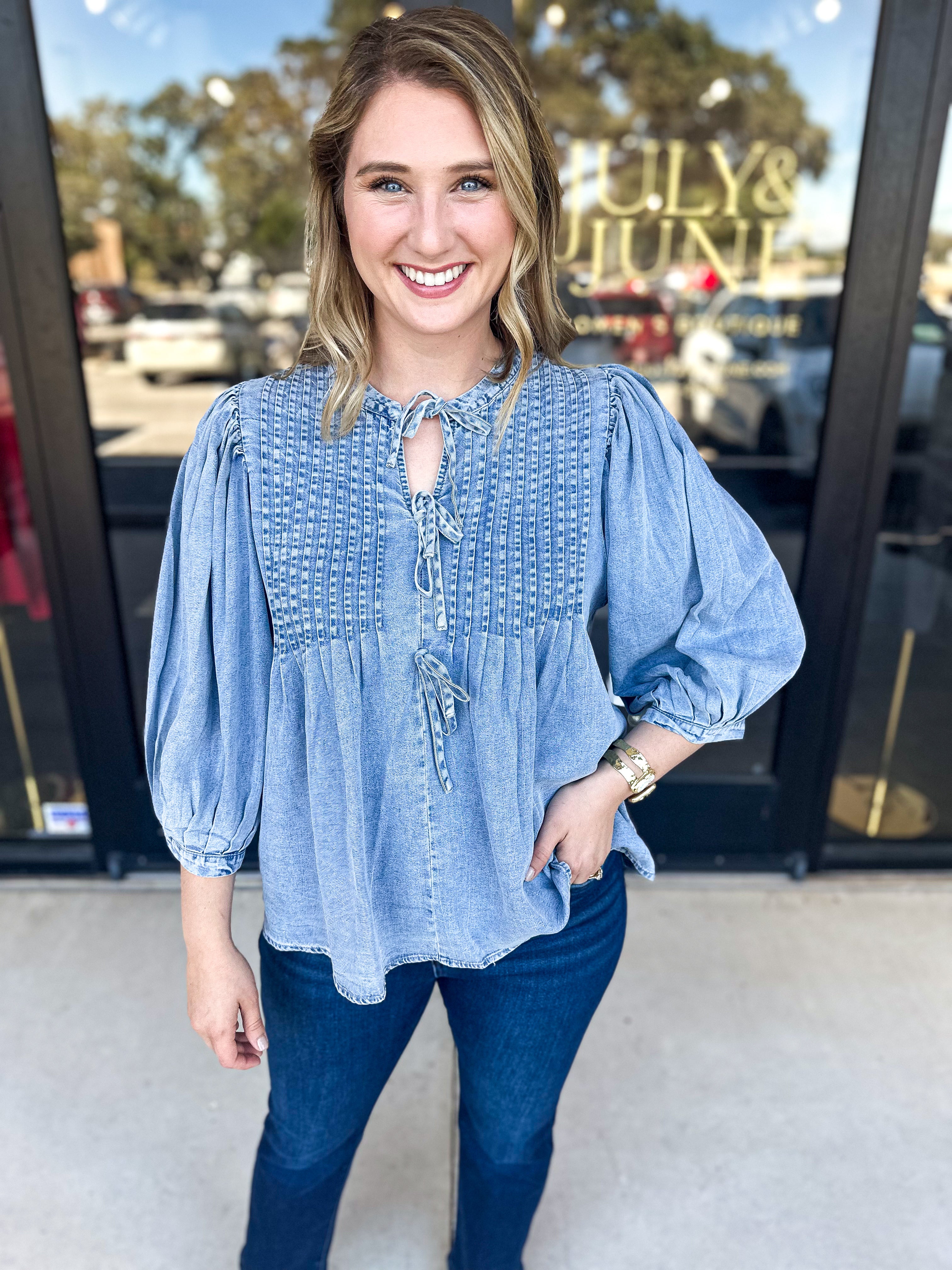 Denim Bow Blouse-200 Fashion Blouses-ENTRO-July & June Women's Fashion Boutique Located in San Antonio, Texas