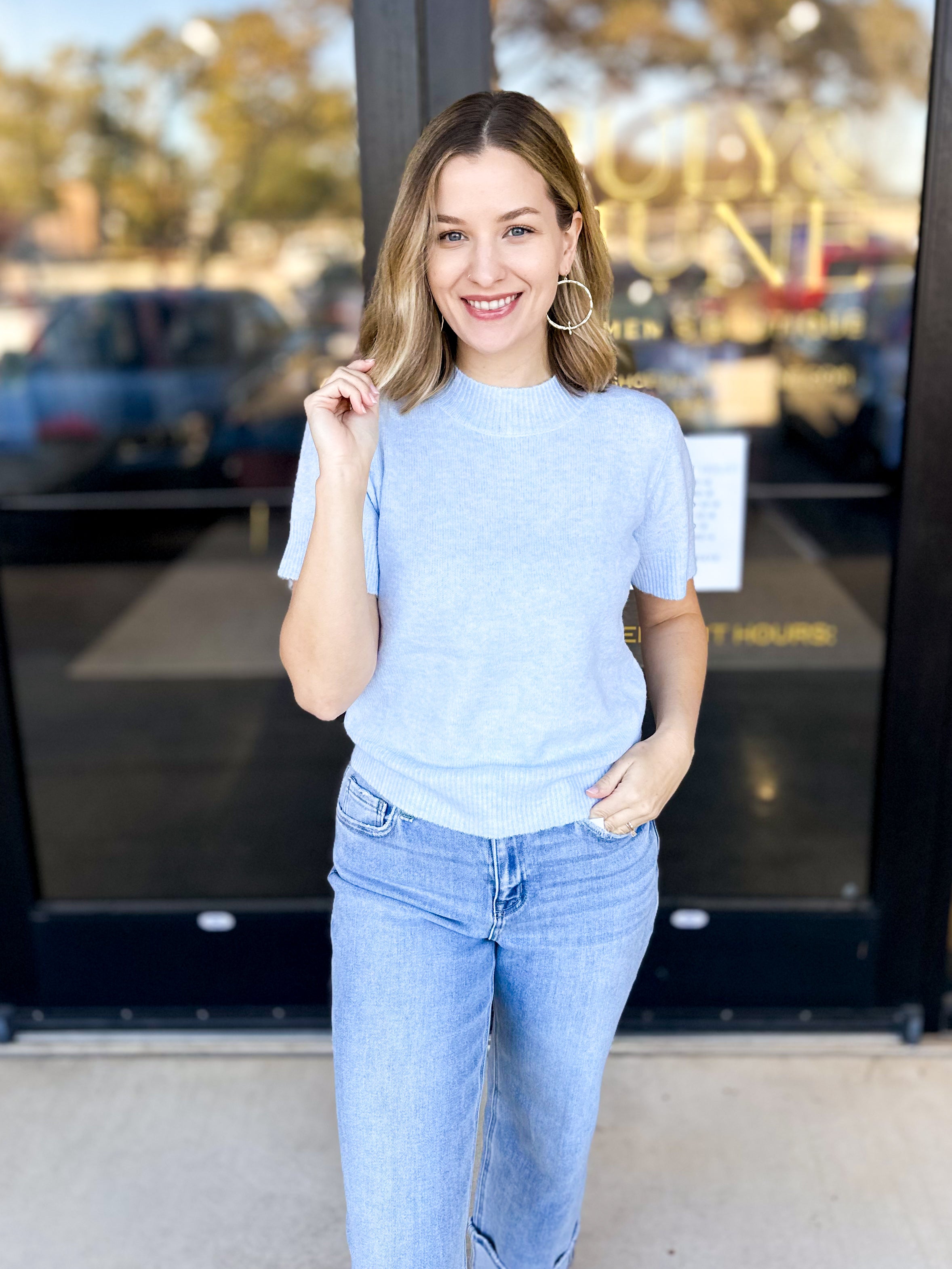 A Pastel Affair Knit Tee - Light Blue-230 Sweaters/Cardis-PINCH-July & June Women's Fashion Boutique Located in San Antonio, Texas