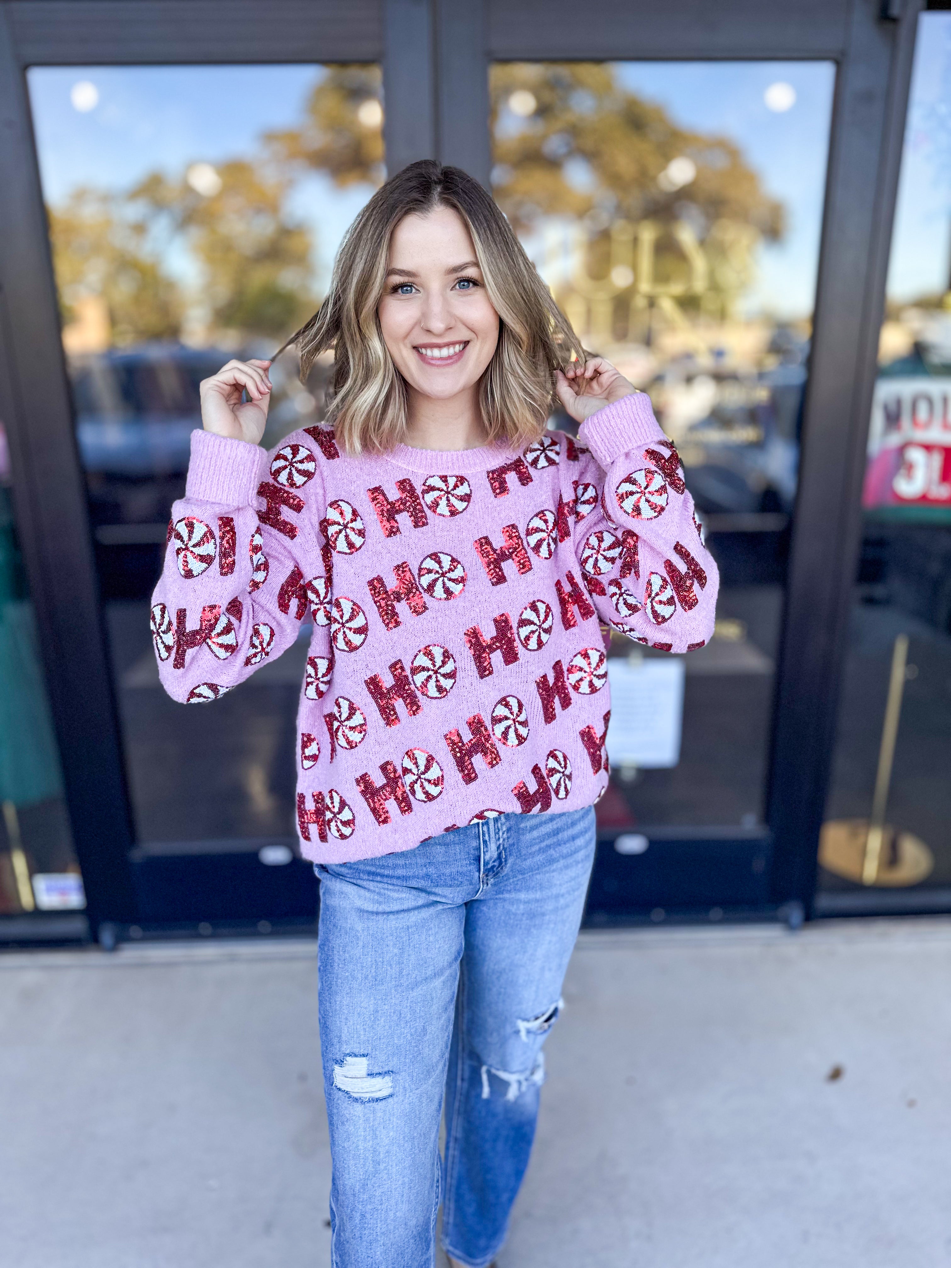 HO HO HO Candy Cane Sweater-230 Sweaters/Cardis-FANTASTIC FAWN-July & June Women's Fashion Boutique Located in San Antonio, Texas