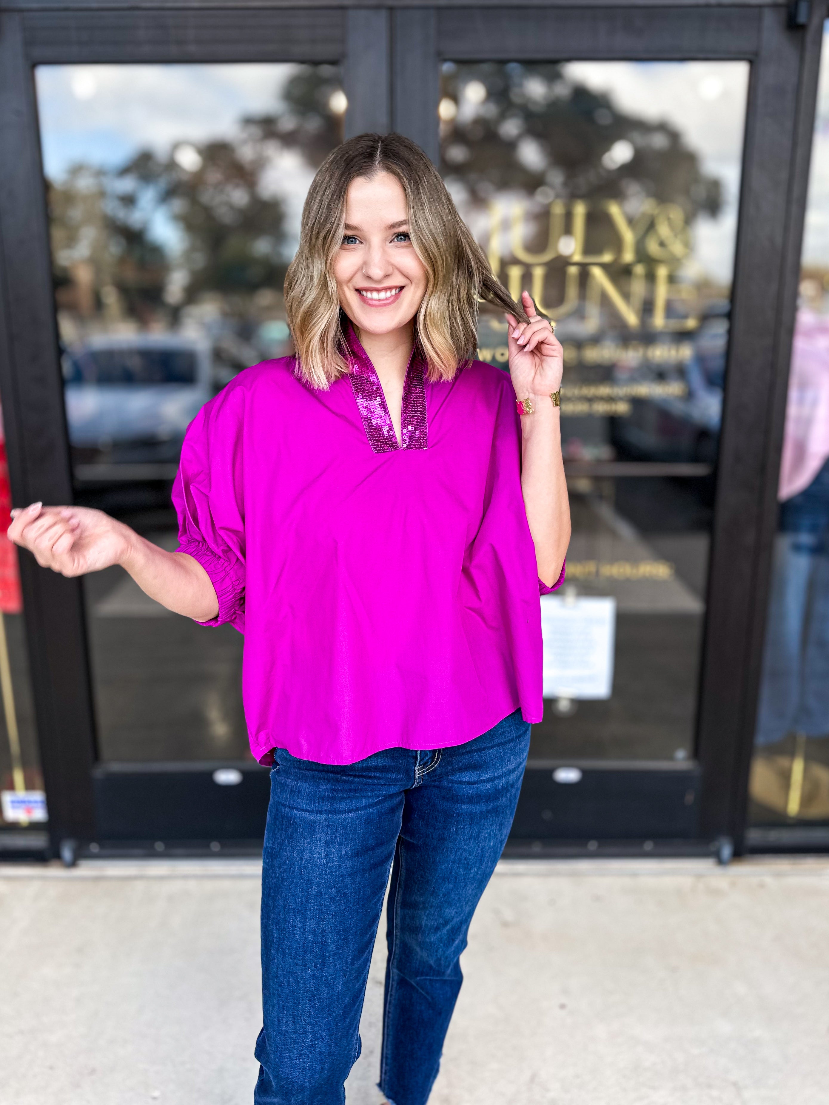 Sparkle Party Top - Magenta - PINK FRIDAY DOORBUSTER - ONLINE-PINK FRIDAY DOORBUSTERS-ENTRO-July & June Women's Fashion Boutique Located in San Antonio, Texas