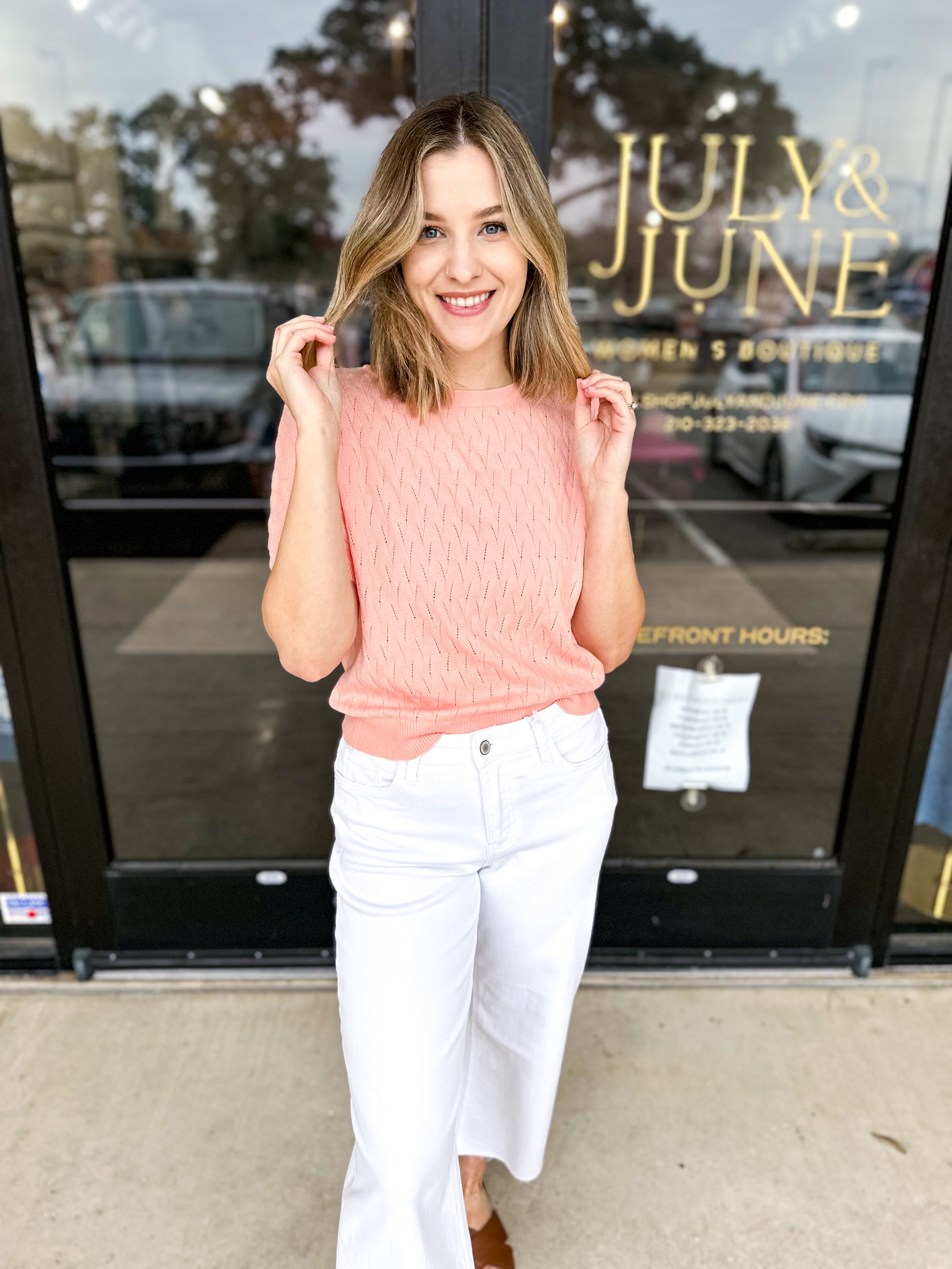 Pastel Knit Tee - Peach-230 Sweaters/Cardis-ALLIE ROSE-July & June Women's Fashion Boutique Located in San Antonio, Texas