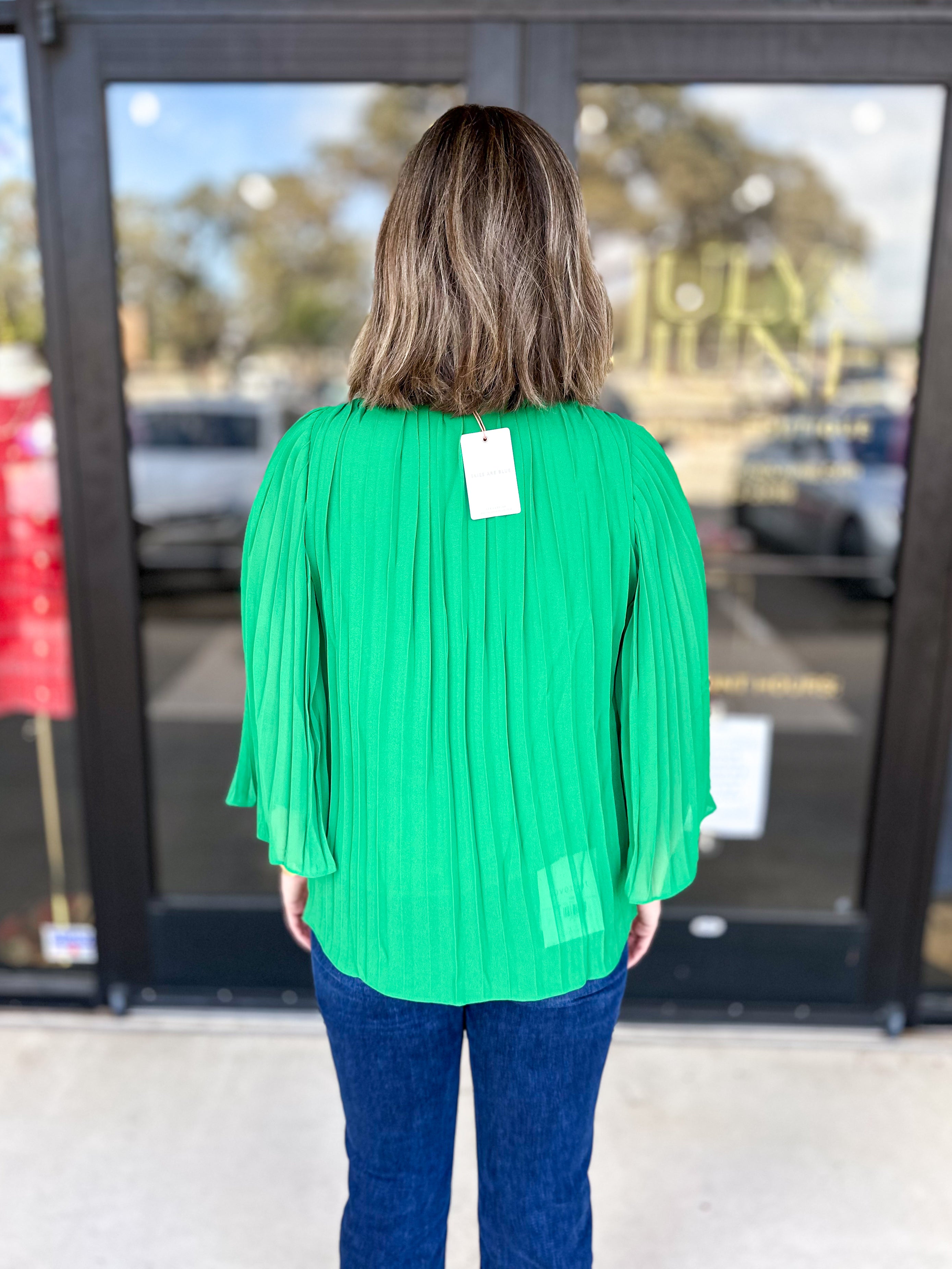 Pleated Blouse-Green-PINK FRIDAY DOORBUSTER-ONLINE-PINK FRIDAY DOORBUSTERS-SKIES ARE BLUE-July & June Women's Fashion Boutique Located in San Antonio, Texas