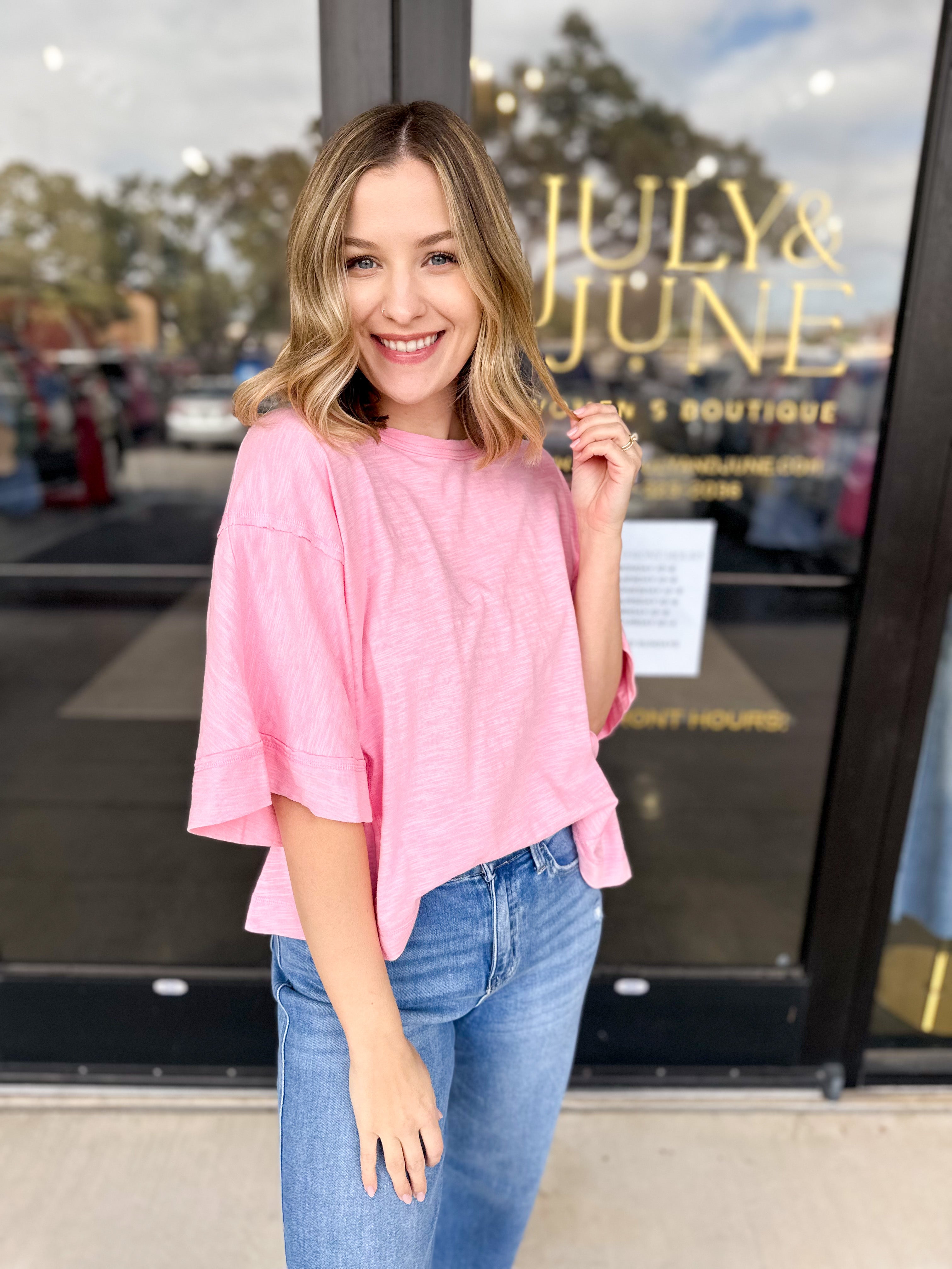 Oversized Casual Tee - Pink-210 Casual Blouses-JODIFL-July & June Women's Fashion Boutique Located in San Antonio, Texas