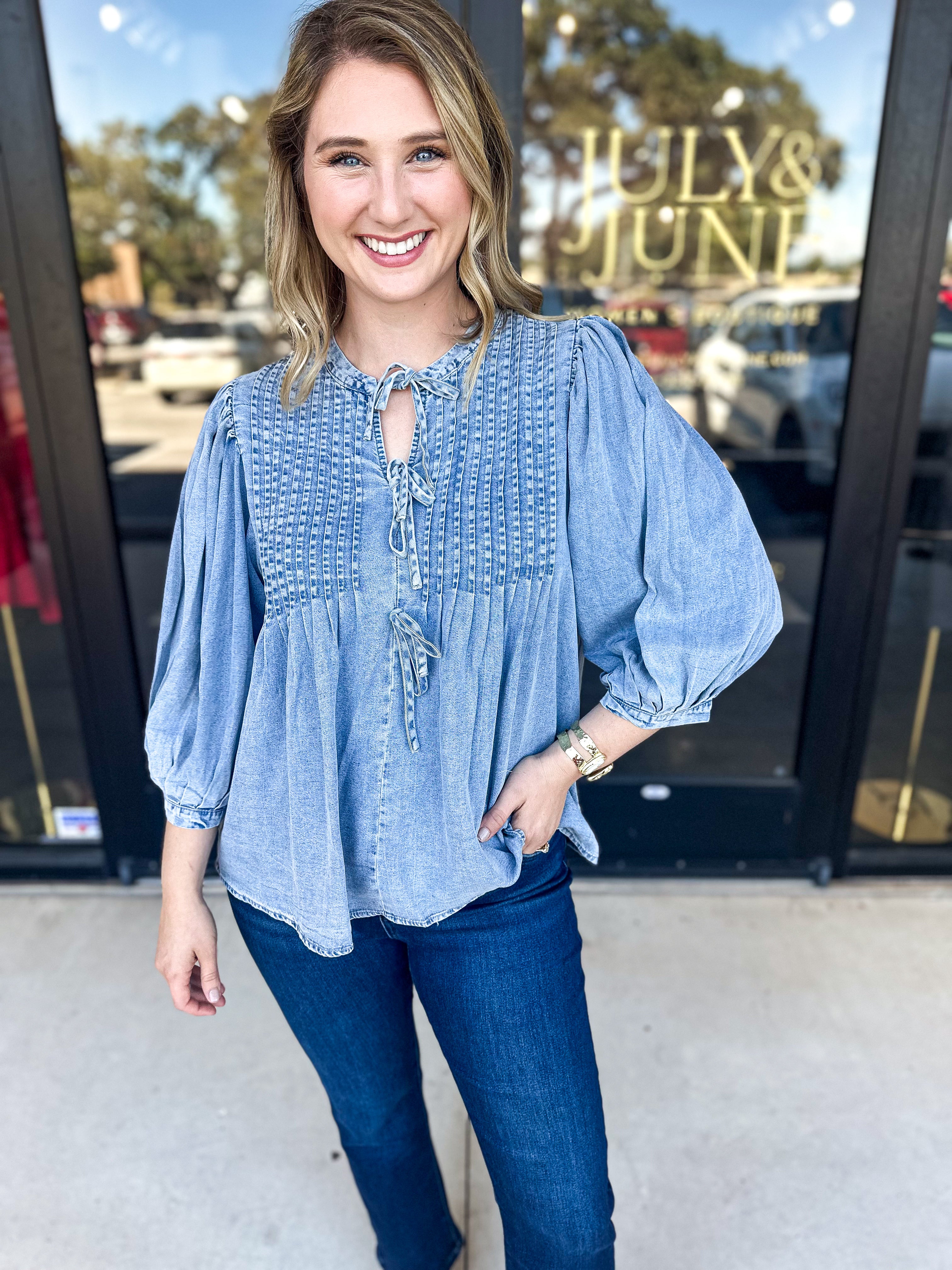 Denim Bow Blouse-200 Fashion Blouses-ENTRO-July & June Women's Fashion Boutique Located in San Antonio, Texas