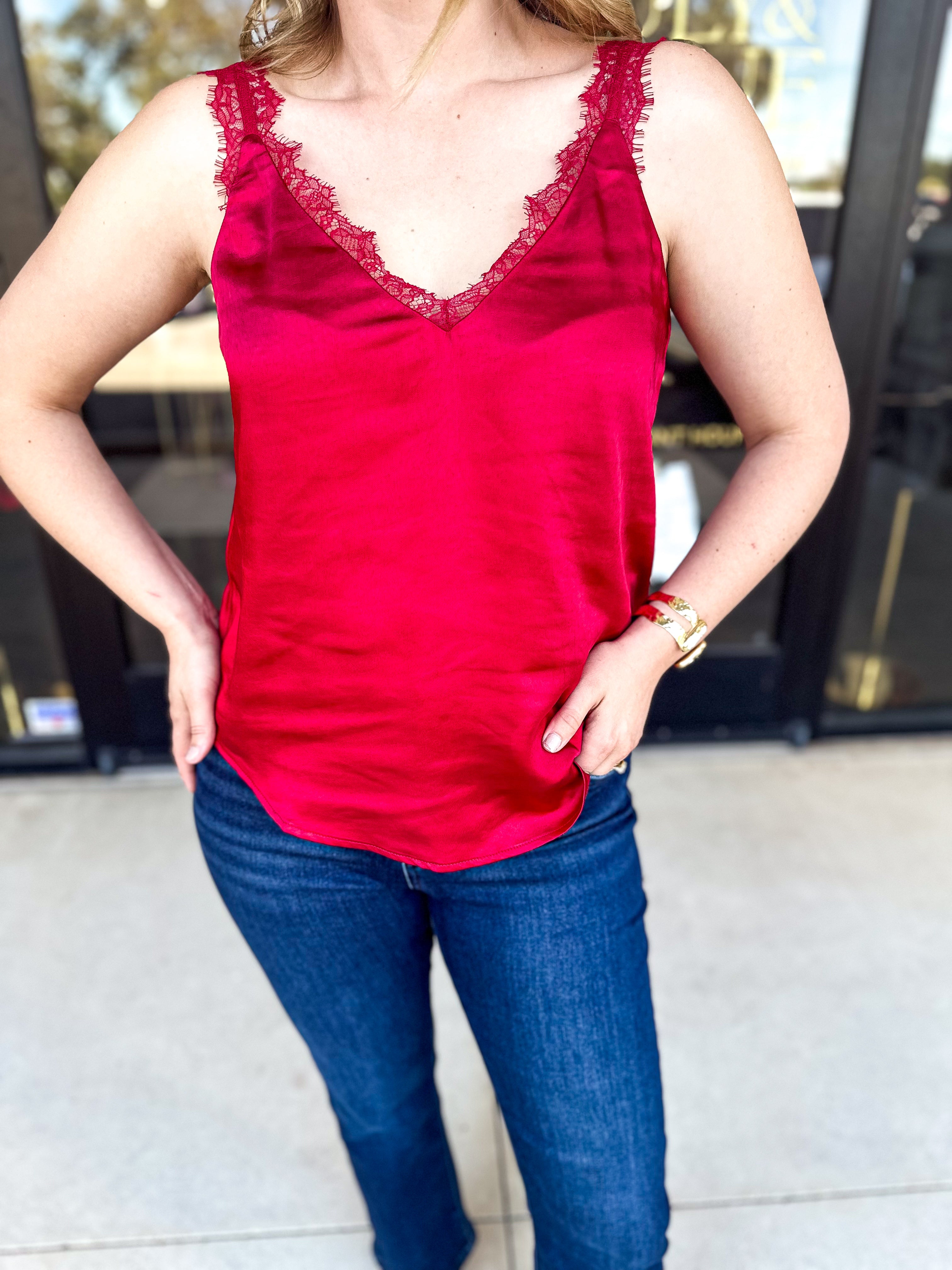 Elegance Lace Cami - Ruby-200 Fashion Blouses-SKIES ARE BLUE-July & June Women's Fashion Boutique Located in San Antonio, Texas