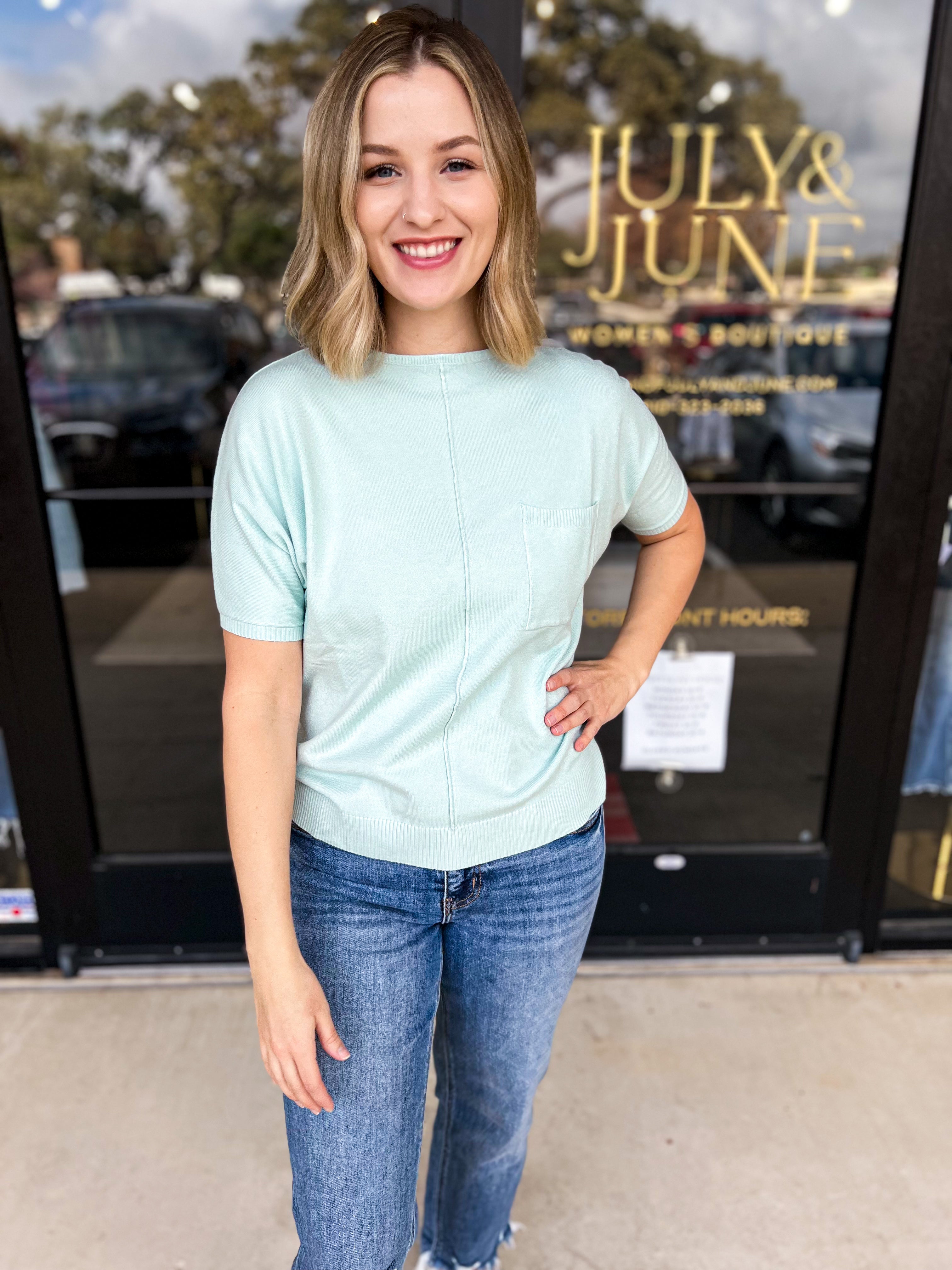 Comfy Pocket Sweater Tee - Ice Green-200 Fashion Blouses-ALLIE ROSE-July & June Women's Fashion Boutique Located in San Antonio, Texas