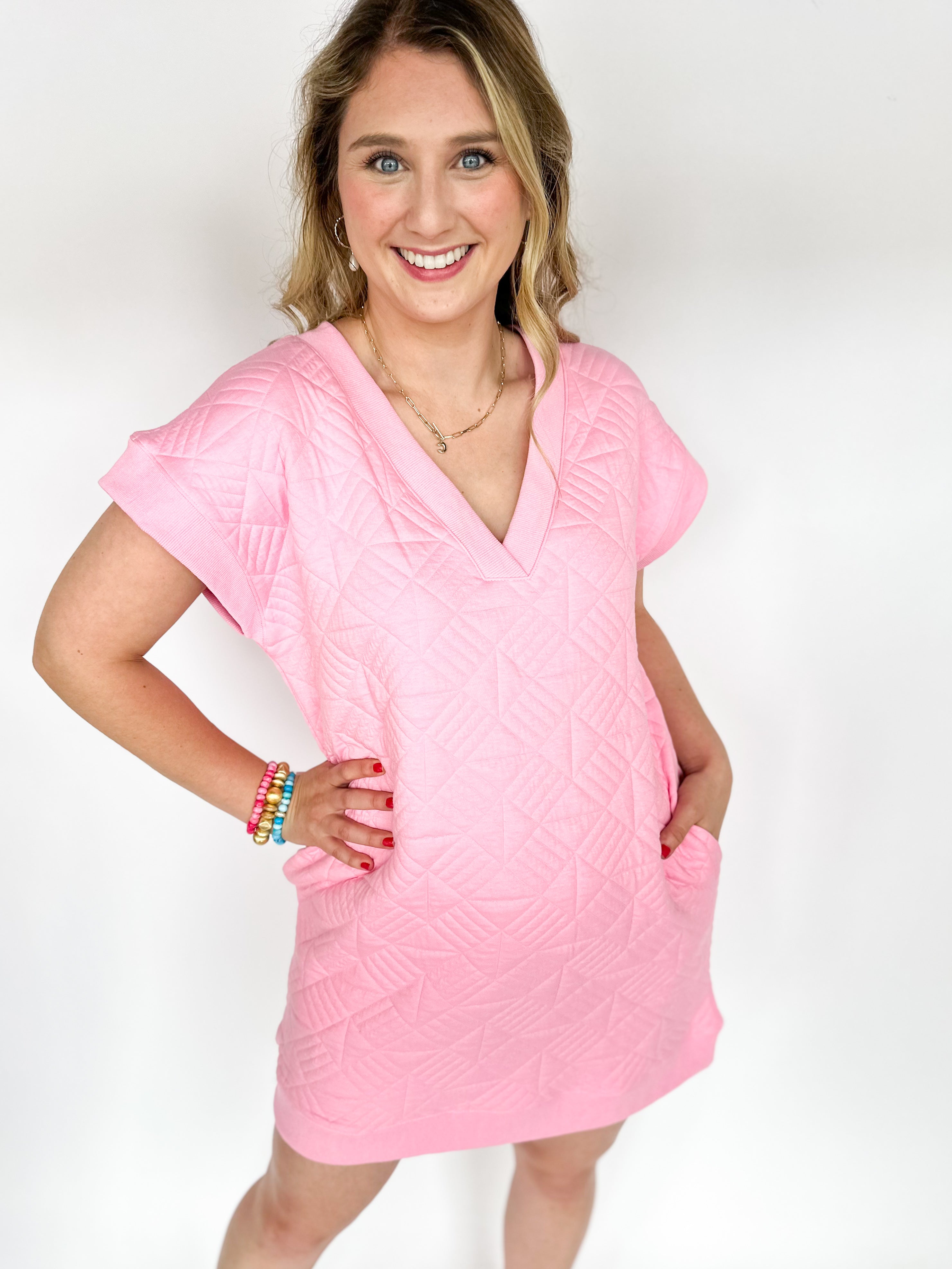 Textured V-Neck T-Shirt Mini Dress - Pink-510 Mini-ENTRO-July & June Women's Fashion Boutique Located in San Antonio, Texas