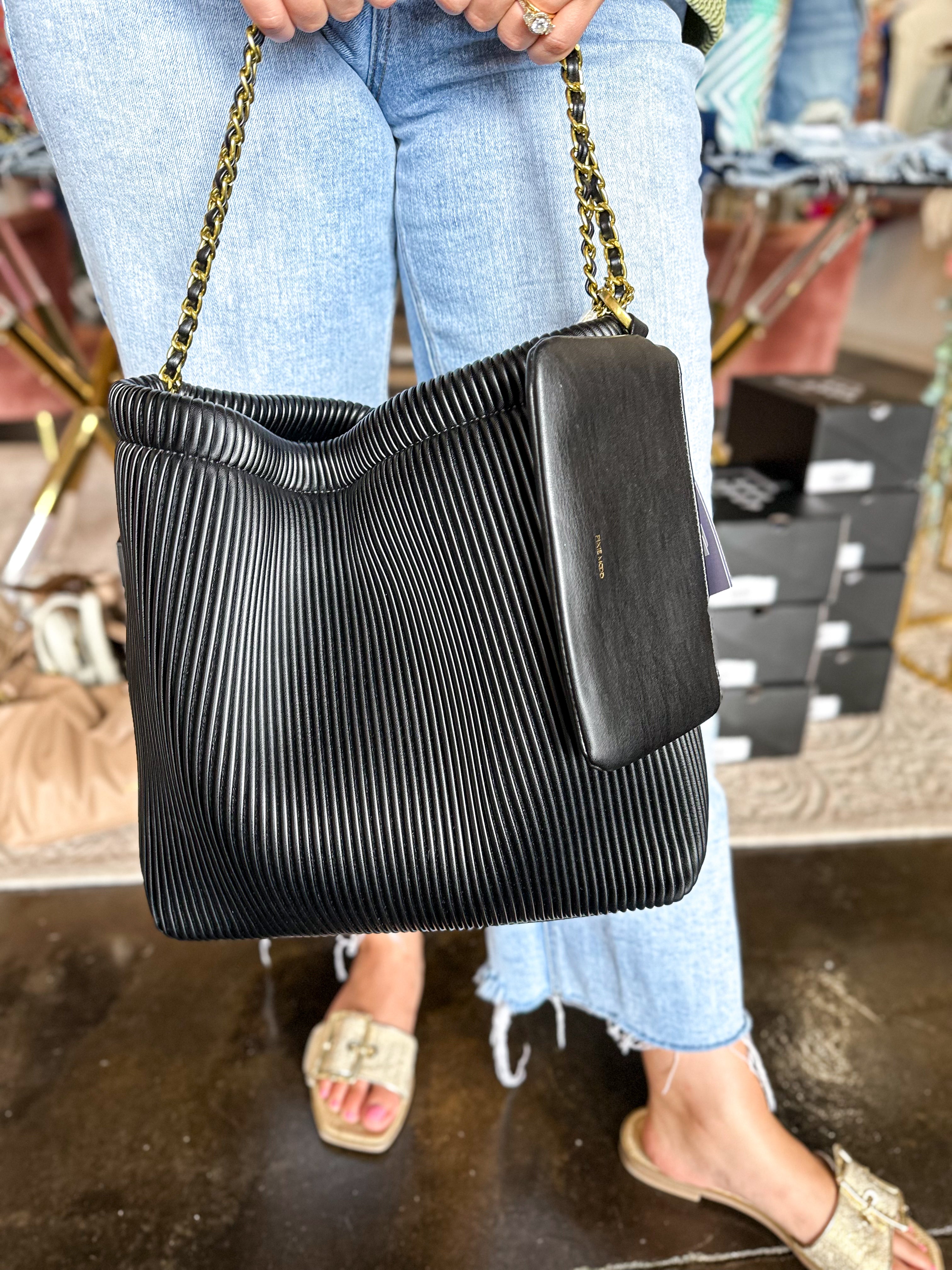 Pixie Mood - Recycled Vegan Chain Shoulder Bag - Black Pleated-130 Accessories-PIXIE MOOD-July & June Women's Fashion Boutique Located in San Antonio, Texas